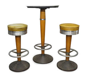 
	
		Designer Unknown, 
		 
		Art Deco café table and two stools, circa 1950, 
		Cast iron,...