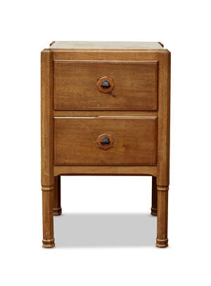 
	
		Gordon Russell (1892-1980), an English walnut bedside table
		1930, Paper makers label...