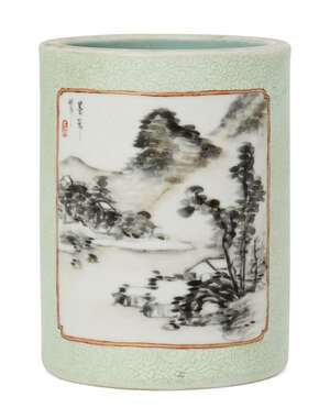 
	
		A Chinese porcelain brush pot, Qianlong mark and of the period, set with two panels on a...