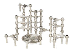 
	
		Fritz Nagel and Caesar Stoffi for BMF, a set of plated metal modular candleholders
		