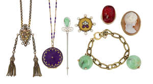 A group of jewellery, comprising: an early 20th century jadeite jade, diamond and seed pearl brooch of elongated form, the trefoil surmount with single pear sh
