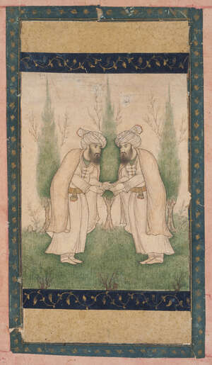 
	
		Two dervishes exchanging greetings, Safavid Iran, circa 1650, from a muraqqa', gouache on...