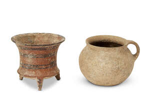 An intact unglazed pottery jug of globular form with small loop handle, Iran, 1st millennium B.C., 9cm. high x 8.4cm. diam. (at mouth); and an unglazed waisted