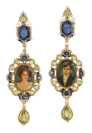 
	
		A pair of sapphire and peridot portrait drop earrings, by Percossi Papi, the miniature...
