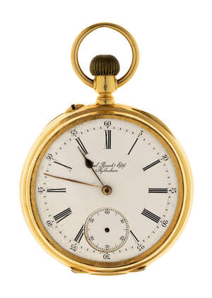 
	
		A gold open-face keyless lever pocket watch, the white enamel dial with Roman numerals,...