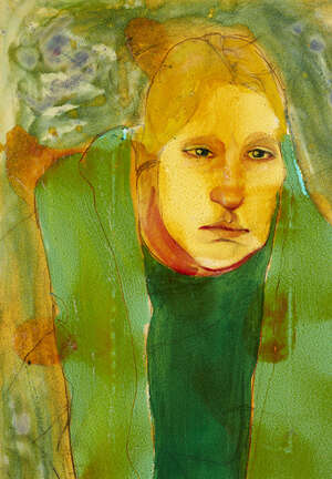 
	
		Frances Turner, British 1956-2003- Yellow Portrait; mixed media on paper, initialled,...