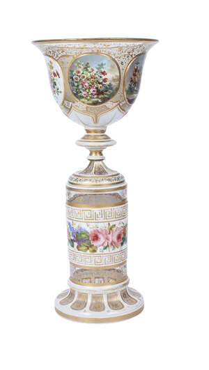 
	
		A Bohemian gilt and white opaline vase and stand, mid/late 19th century, decorated to the...