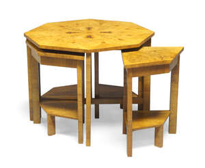 
	
		An Art Deco walnut nest of tables, c.1925, the principal table of octagonal form, with a...
