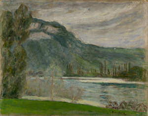 Eugène Antoine Durenne, 
		French 1860-1944- 
		 
		Le Rhone a Aliers, 1937; 
		 
		oil on paper laid down on board, signed 'Durenne' lower rig