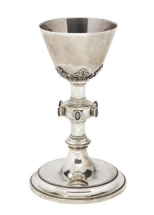 
	
		A French silver chalice, with French export mark for 1840-1879, maker's mark VF, the base...