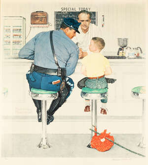 
	
		Norman Rockwell, 
		American 1894-1978- 
		 
		The Runaway; 
		 
		lithograph in...