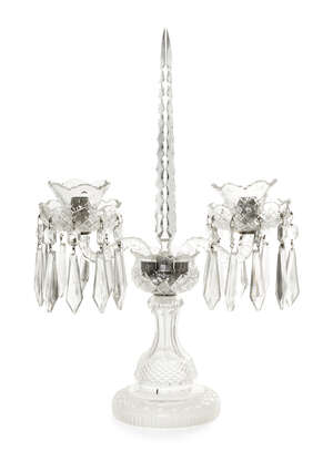 A Victorian glass twin-light candelabrum, mid-late 20th century, marked Waterford, the central...