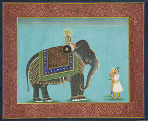 
	
		A Mughal noble and his elephant, India, 20th century, opaque pigments on paper, a haloed...
