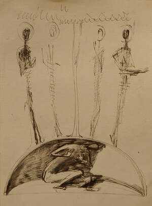 British School,
mid 20th century-
 
Study of saints around a tree (possibly the Tree of Jesse);
 
ink on paper, 27x19.7cm