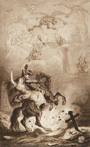 French School, 
		mid/late 18th century- 
		 
		Cavalry saving a lady from her demons; 
		 
		pen and ink and wash en grisaille, bears collector's s