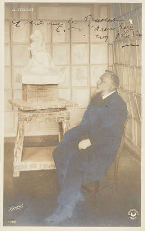
	
		Rodin(A. French sculptor), signed post card,in front of one of his sculptures, inscribed ...