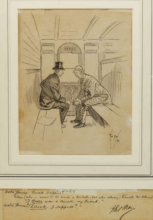 
	
		Phil May, British 1864-1903- Welsh Farmer and Dean travelling on 3rd Class train carriage;...