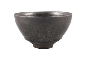 A Chinese yuteki tenmoku tea bowl, Jian kilns, Fujian province, Song dynasty, the deep, rounded sides covered with a thick black glaze suffused with silvered s