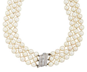 
	
		A cultured pearl and diamond necklace, the cultured pearl triple row, measuring...