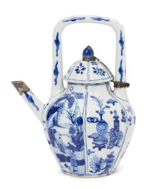 A Chinese porcelain hexagonal wine pot, Kangxi period, painted in underglaze blue to the lobed body with alternating panels depicting figures in a landscape an