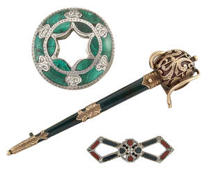 A 19th century Scottish, gold and agate basket hilted sword brooch, the hilt set with a single cabochon red agate, the scabbard set with tapered bloodstone, wi