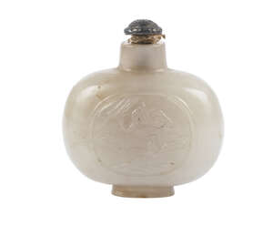 
	
		A Chinese pale green jade snuff bottle, 19th century, carved in low relief to each side...