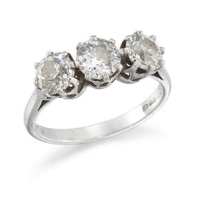 
	
		A diamond three stone ring, each old circular cut diamond measuring approximately 0.50...