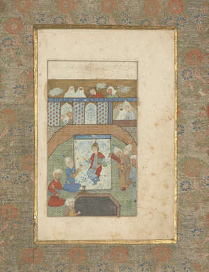 A Safavid miniature of a prince offered a cup, Iran, 16th century, with later repainting, opaque pigments and gold on paper, the youthful prince shown seated w