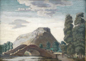 
	
		Charles March Gere RA RWS,
		British 1869-1957-
		 
		Bridge and Castle; 
		 
		oil...