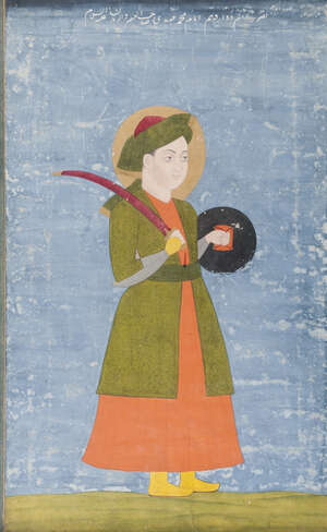 
	
		A Shi'a saint, Deccan, India, late 18th century, gouache and gold on paper, shown haloed,...