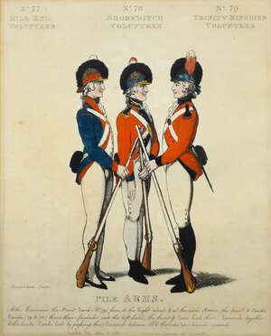
	
		Thomas Rowlandson, 
		British 1756-1827- 
		 
		Pile Arms; 
		 
		etching and...