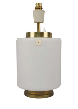 
	
		Reggiani (Italian), a white opaline glass and brass lamp base,
		c.1950, with applied...