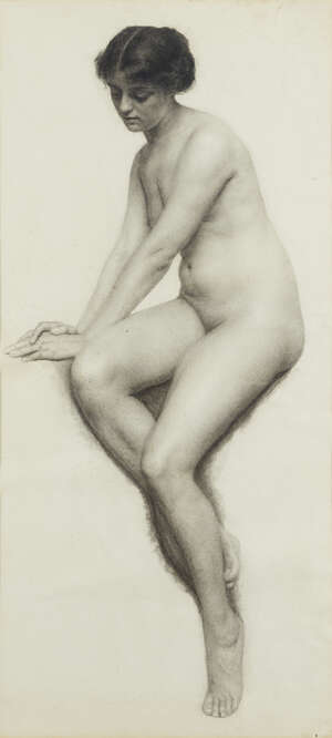 
	
		British School, 
		late 19th century- 
		 
		Academic study of a seated female nude,...