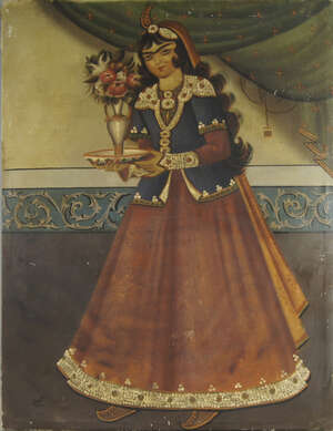 A Qajar-style oil painting of a lady, Iran, 20th century, oil on canvas, depicted with flowing...