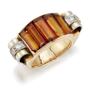 
	
		A Retro gold, citrine and diamond ring, the arched central panel set with five...