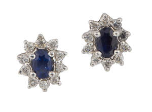 A pair of sapphire and diamond earstuds, each oval sapphire single stone within a brilliant-cut diamond surround, length 0.9cm