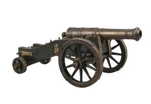 
	
		A bronze model of a British field cannon, early 19th century, with tapering multi-stage...
