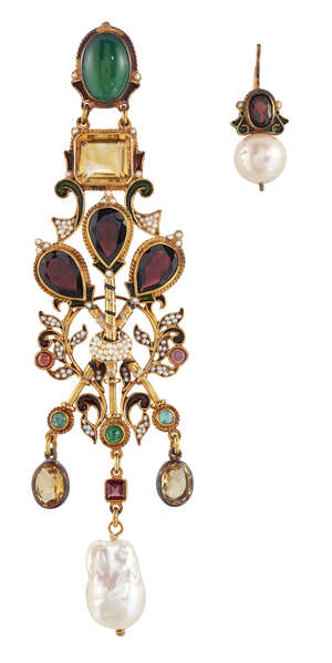 
	
		A pair of asymmetrical citrine, chrysoprase, garnet and pearl earrings, by Percossi Papi,...