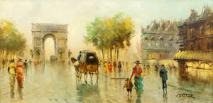 
	
		Cortese, French School, mid-late 20th century- Parisian boulevard scene in the rain; oil...