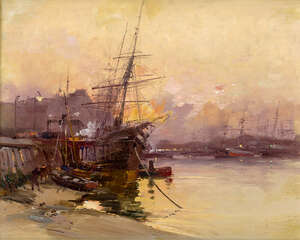 
	
		William Lionel Wyllie RA RE, 
		 
		British 1851-1931- 
		
		The pool of London at...