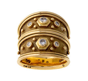 
	
		An 18ct gold, diamond 'Templar' ring, by Elizabeth Gage, tapered deign set with...