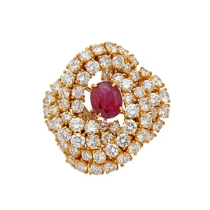 A ruby diamond cluster component,&nbsp;the oval mixed cut ruby in four claw setting, to double row...