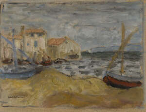 
	
		Eugène Antoine Durenne, 
		French 1860-1944- 
		 
		Moored boats; 
		 
		oil on...