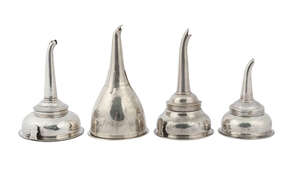 A George III silver wine funnel, possibly Hester Bateman, the strainer with beaded rim above tapering spout, hallmarks unreadable on strainer, partial makers m