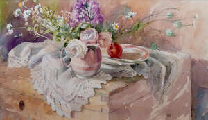 
	
		Michael Emmett, 
		British b.1945- 
		 
		A Jug of Spring Flowers and an Apple;...