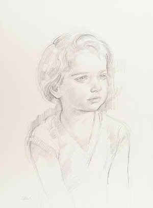 Dorothy Colles,
		British 1917-2003-
		 
		Study for a portrait of Nicki Weld, 1984; 
		 
		charcoal on paper laid on card, signed, inscribed and dated 