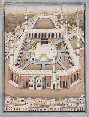 
	
		A view of Mecca, India, 19th century, opaque pigments on heavy paper, between polychrome...