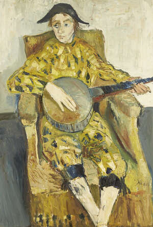 Gabriel Dauchot, 
		French 1927-2005-
		 
		Arlequin au Benje, 1955;
		 
		oil on canvas, signed upper right, 130 x 90cm (ARR)
		 
		Provenance: Arth