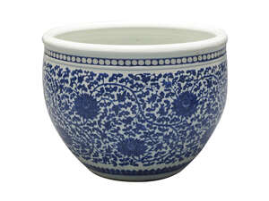 A massive Chinese porcelain fish bowl, 18th century, painted in underglaze blue with a scrolling flowering lotus pattern, 60cm diameter