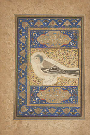 A Safavid illustrated folio, Iran, 16th and 18th century, gouache on paper heightened with gold, depicting to central panel a small bird on a cream ground, aga